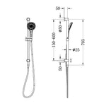 Nero Mecca wall-mounted shower rail with hand shower, matte black, front and side technical drawing with dimensions