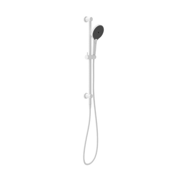 Nero Mecca wall-mounted shower rail with hand shower, matte white, on white background