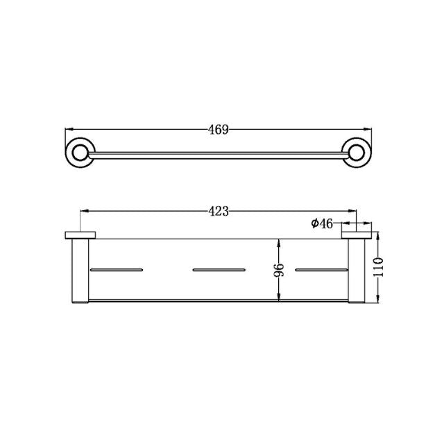 Nero Mecca shower shelf technical drawing in brushed bronze, showing 469mm length, 423mm fixing distance and 110mm projection