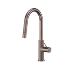Nero Mecca Smart Sensor pull out kitchen mixer in brushed bronze, showing the hob-mounted curved spout and side handle on white background