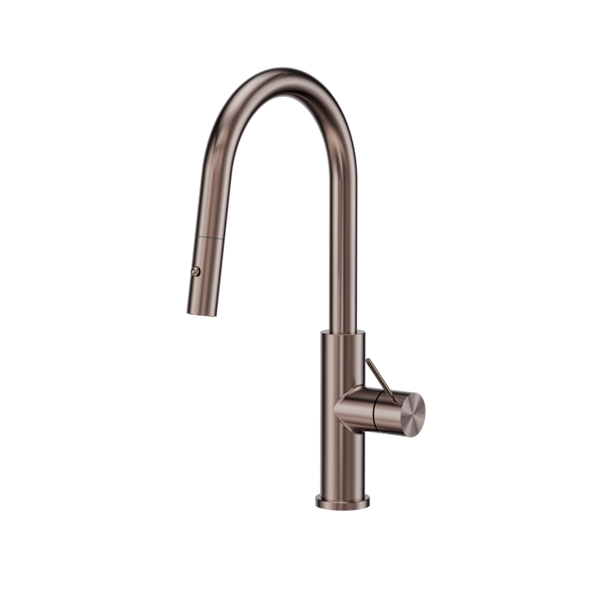 Nero Mecca Smart Sensor pull out kitchen mixer in brushed bronze, showing the hob-mounted curved spout and side handle on white background