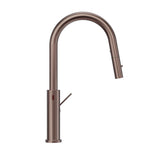 Nero Mecca Smart Sensor pull-out kitchen mixer in brushed bronze, shown front on with high curved spout and side lever on white background