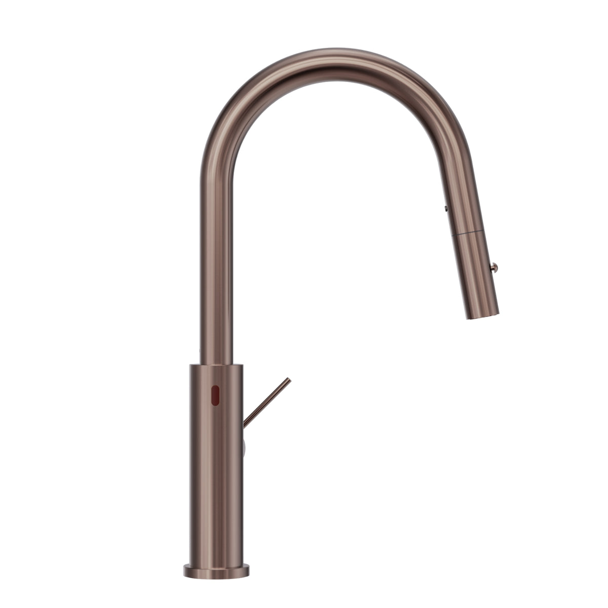 Nero Mecca Smart Sensor pull-out kitchen mixer in brushed bronze, shown front on with high curved spout and side lever on white background