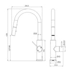 Technical drawing of Nero Mecca pull-out kitchen mixer in brushed bronze, showing dimensions and side/front views.