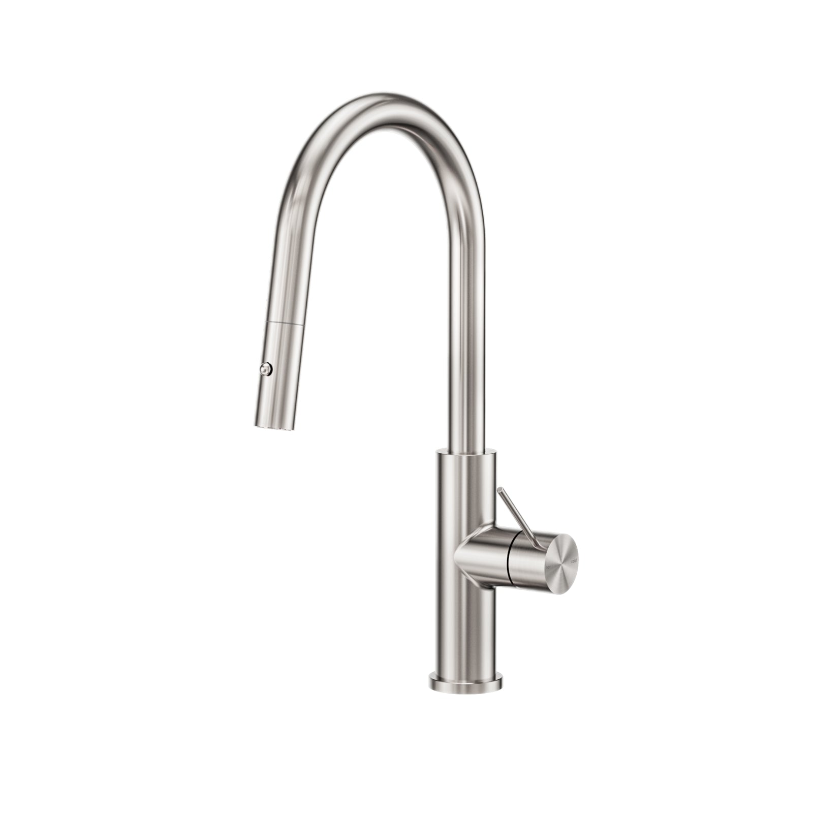 Nero Mecca Smart Sensor pull out kitchen mixer tap in brushed nickel, with tall gooseneck spout and side lever on white background