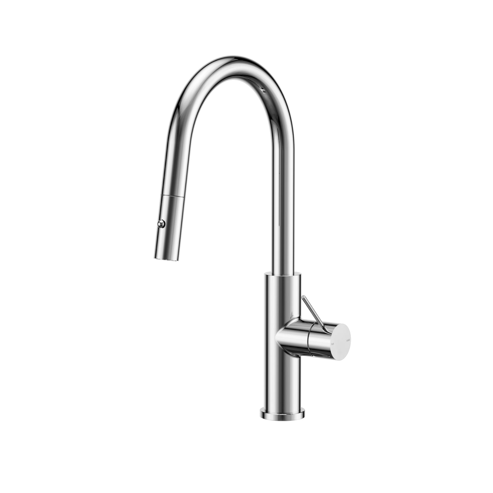 Nero Mecca Smart Sensor pull out kitchen mixer tap in chrome, with arched spout and side handle on white background