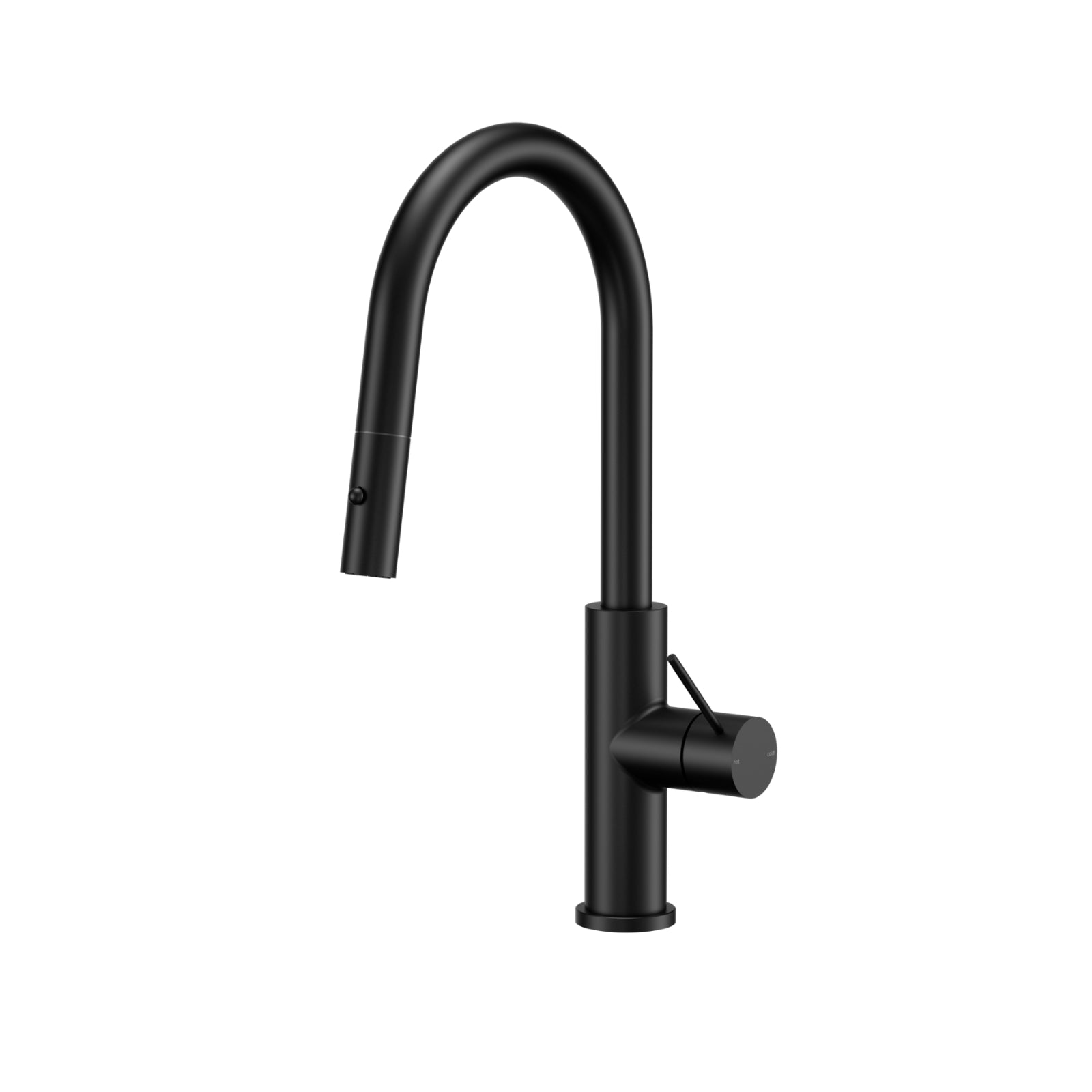 Nero Mecca Smart Sensor Pull Out Kitchen Mixer in matte black, with arched spout and side handle on a white background