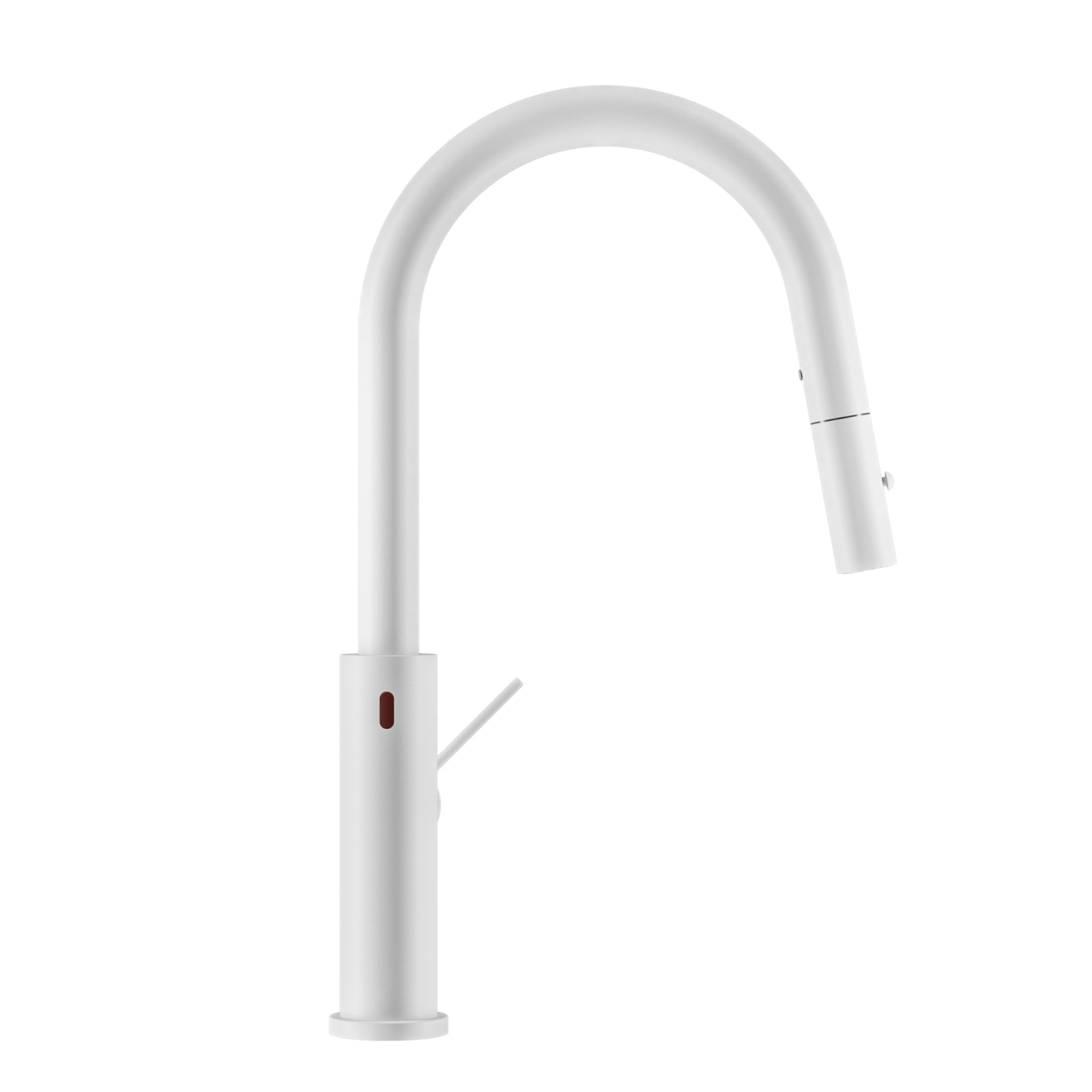 Nero Mecca smart sensor pull out kitchen mixer in matte white, hob mounted with curved gooseneck spout and side lever.