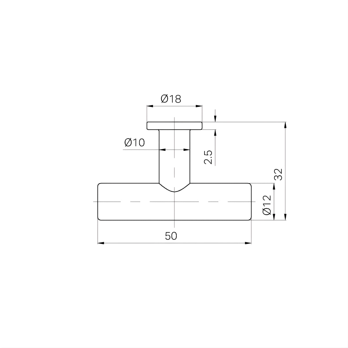 Nero Mecca brushed gold T-pull cabinet handle technical drawing, showing 50mm overall length and dimensions