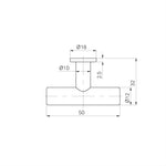 Technical drawing of Nero Mecca T-Pull cabinet handle, brushed nickel finish, showing 50mm length and dimensions marked for installation