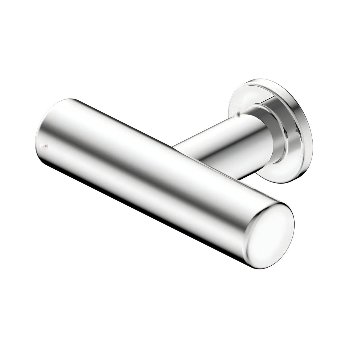 Nero Mecca chrome T-pull cabinet handle, sleek stainless steel bar with round backplate on white background