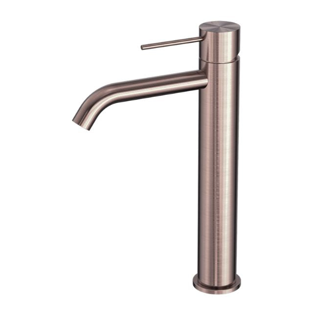 Nero Mecca tall basin mixer in brushed bronze, hob mounted, with cylindrical body and curved spout