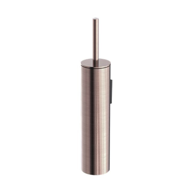Nero Mecca toilet brush holder in brushed bronze, cylindrical stainless steel bathroom accessory on white background