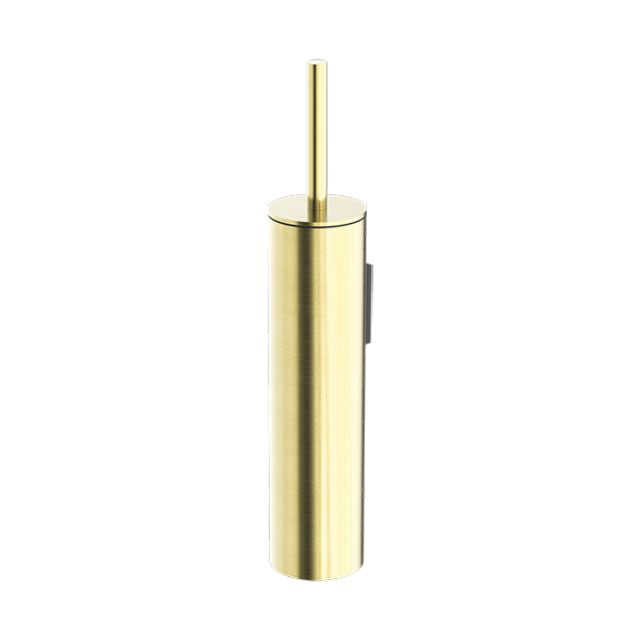 Nero Mecca wall-mounted toilet brush holder in brushed gold, cylindrical stainless steel bathroom accessory.