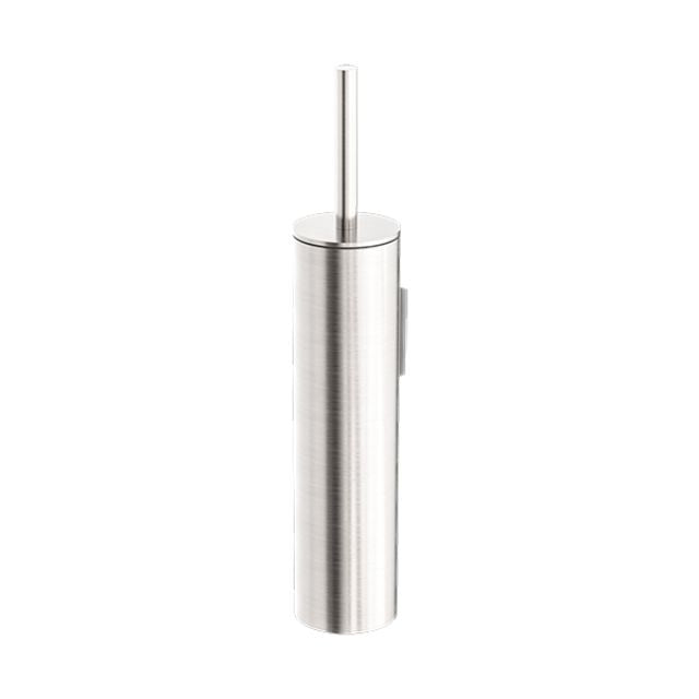 Nero Mecca wall-mounted toilet brush holder in brushed nickel, cylindrical stainless steel bathroom accessory on white background