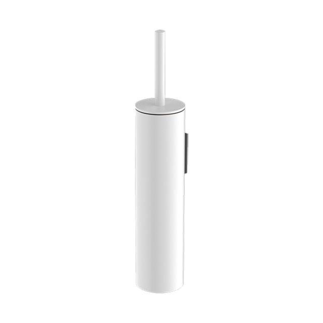 Nero Mecca matte white toilet brush holder with cylindrical canister and handle on a white background