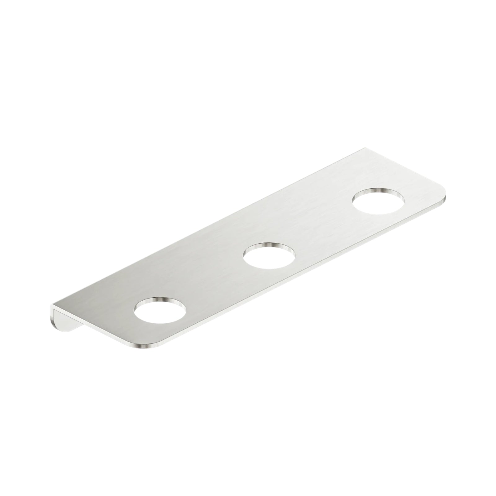 Nero Mecca triple soap bottle holder in brushed nickel, rectangular stainless steel plate with three bottle holes on white background