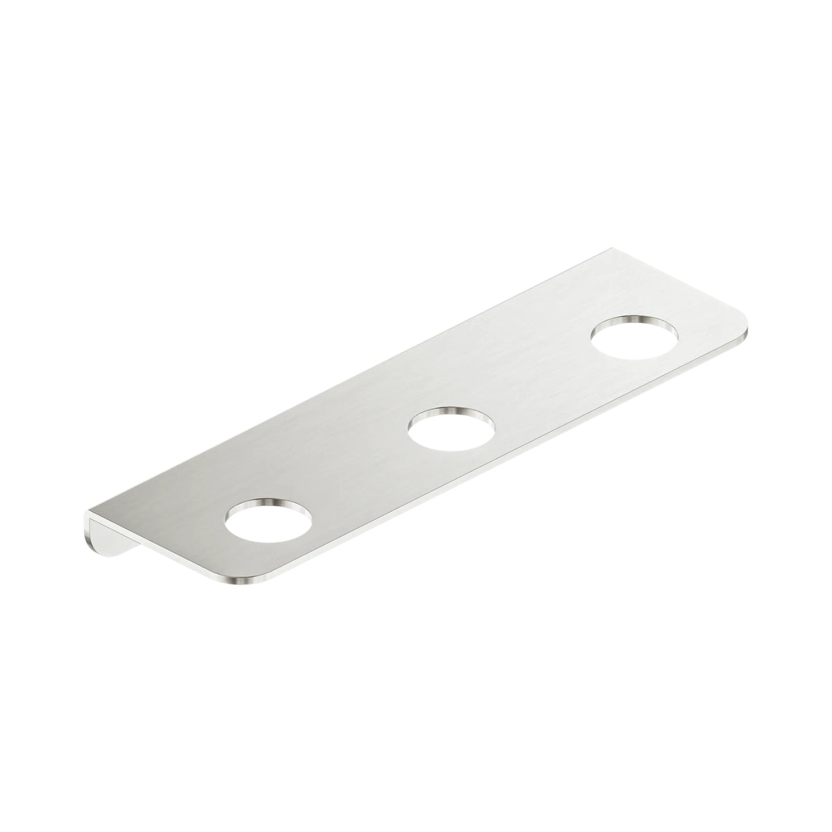 Nero Mecca triple soap bottle holder in brushed nickel, rectangular stainless steel plate with three bottle holes on white background