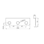 Technical drawing of Nero Mecca triple soap bottle holder in brushed nickel, showing three mounting holes and dimensions 250 x 75mm