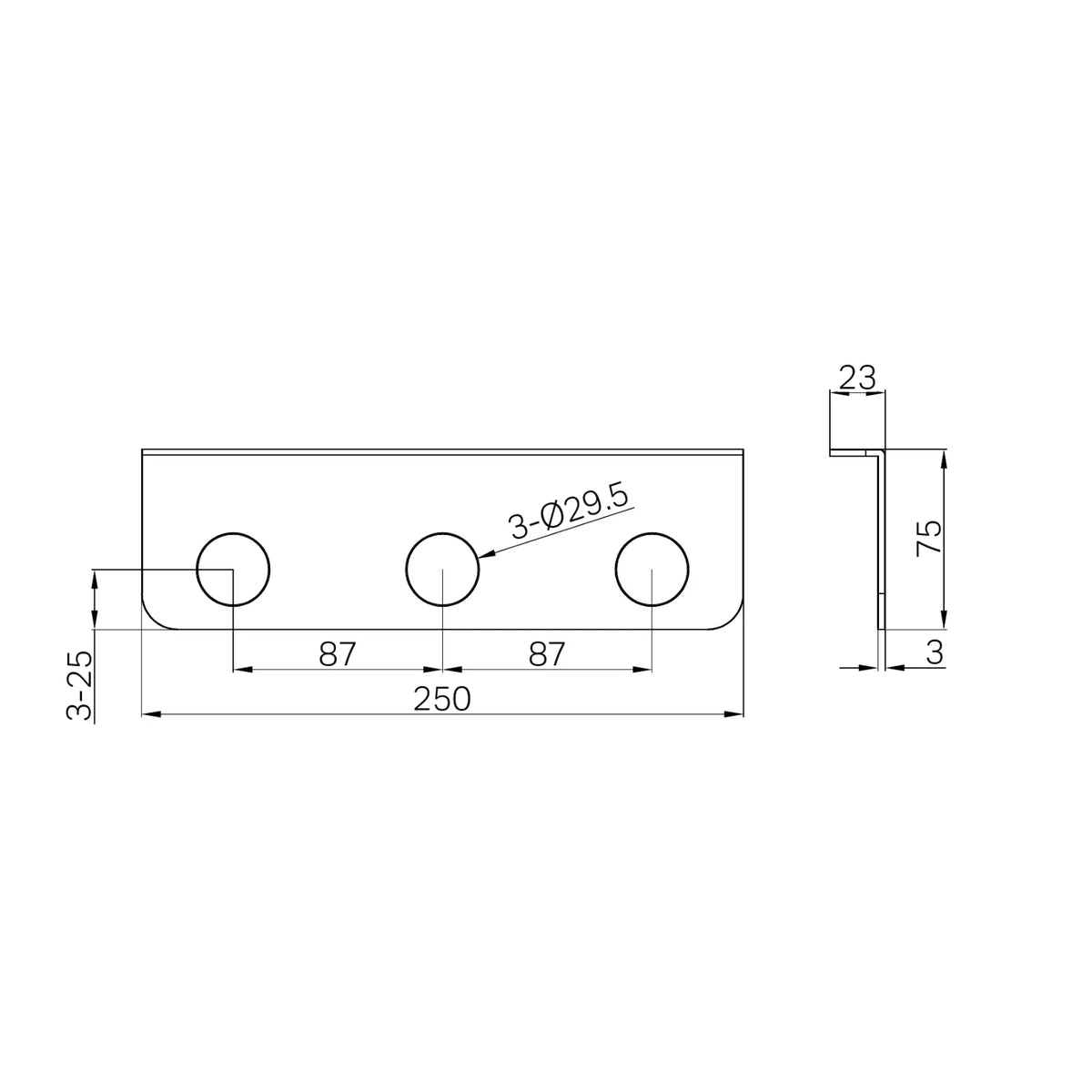 Nero Mecca triple soap bottle holder chrome technical drawing with dimensions and three bottle holes