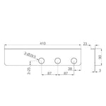 Technical drawing of Nero Mecca triple soap bottle holder with shelf, brushed bronze, showing 410mm width and 3 hole spacing.
