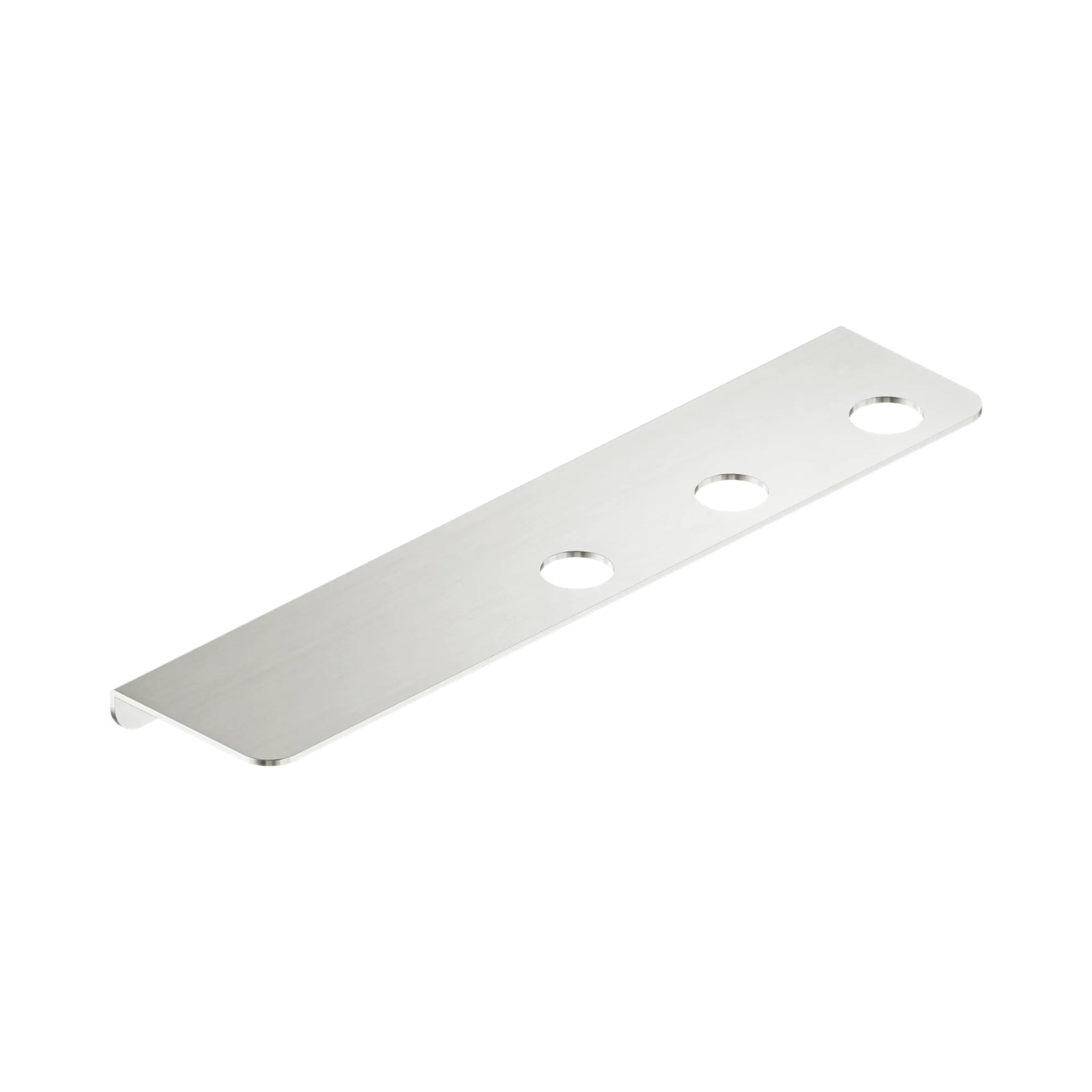 Nero Mecca brushed nickel triple soap bottle holder shelf, stainless steel mounting plate with three holes on white background