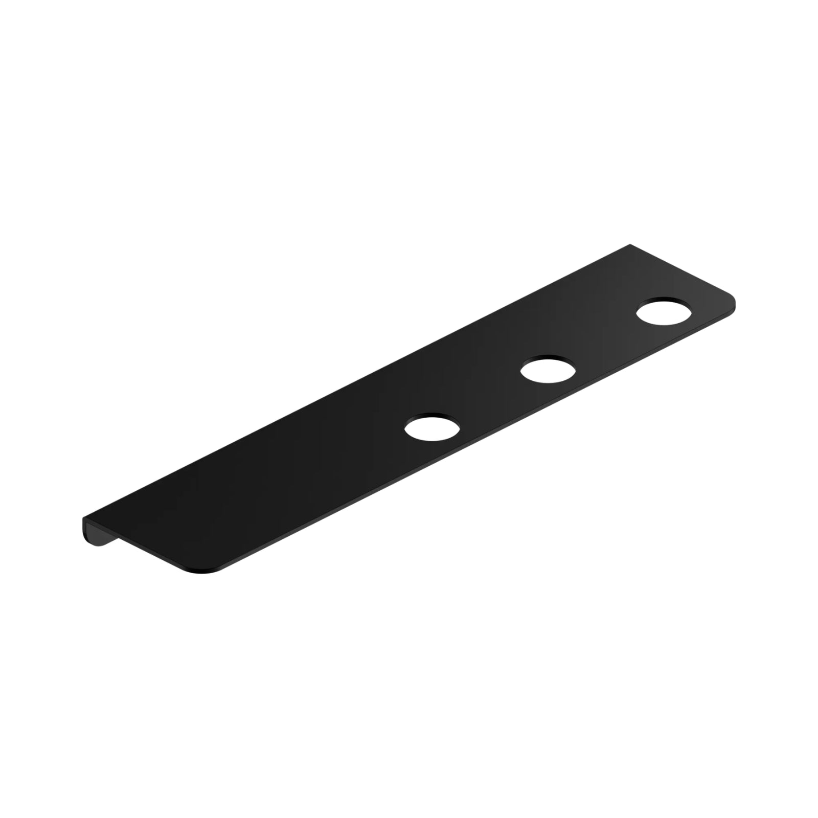 Nero Mecca matte black soap bottle holder shelf with three holes, shown in angled detail on white background