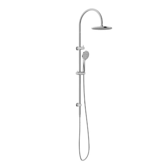 Nero Mecca twin shower rail set in chrome, with overhead rain shower and hand shower, wall mounted