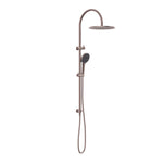 Nero Mecca twin rail shower in brushed bronze with overhead drencher and hand shower on adjustable rail