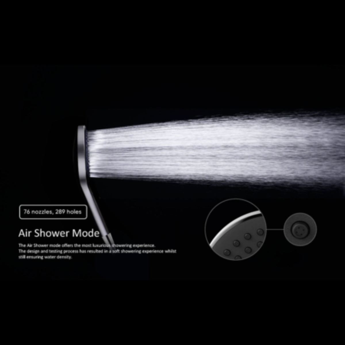 Nero Mecca Air Shower mode close-up, showing a soft spray from the brushed bronze twin shower head on a black background