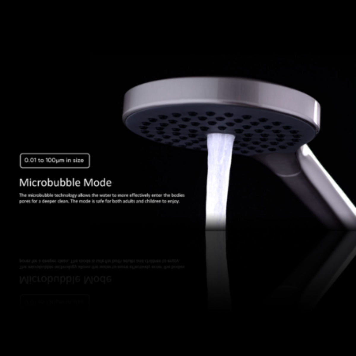 Close-up of Nero Mecca twin shower head in brushed bronze with microbubble mode, showing overhead drencher and handset spray