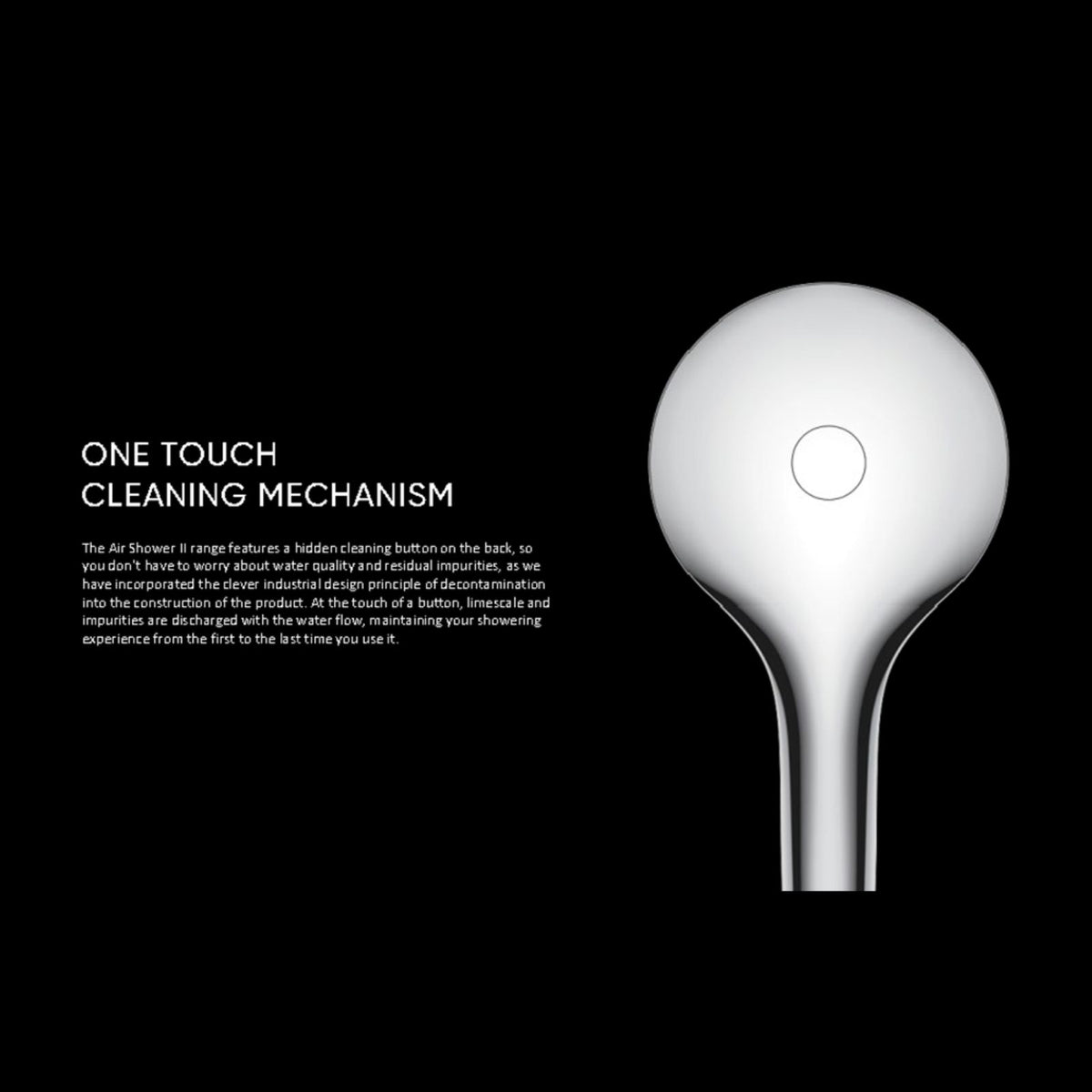 Air Shower II hand shower detail with one-touch cleaning mechanism, shown front-on in brushed bronze finish on black background