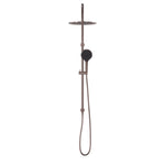 Nero Mecca twin rail shower in brushed bronze with overhead drencher, hand shower and hose on white background