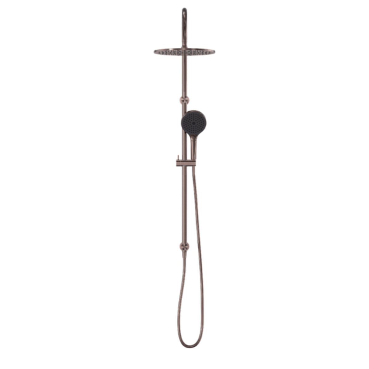 Nero Mecca twin rail shower in brushed bronze with overhead drencher, hand shower and hose on white background