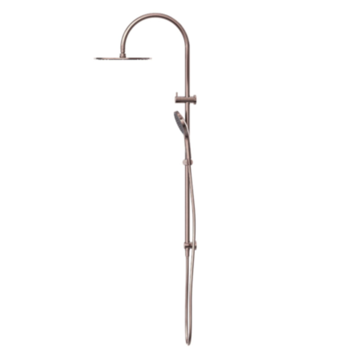 Nero Mecca twin rail shower in brushed bronze, with overhead round drencher and handheld shower on wall rail