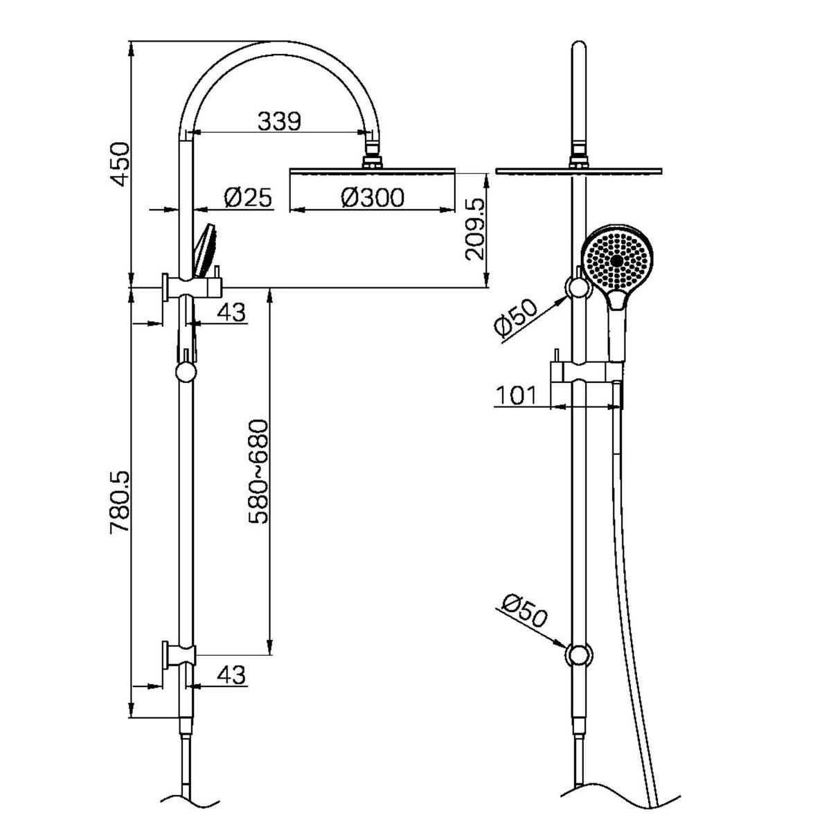Technical drawing of Nero Mecca twin shower in brushed bronze, showing wall-mounted rail, overhead drencher and hand shower dimensions