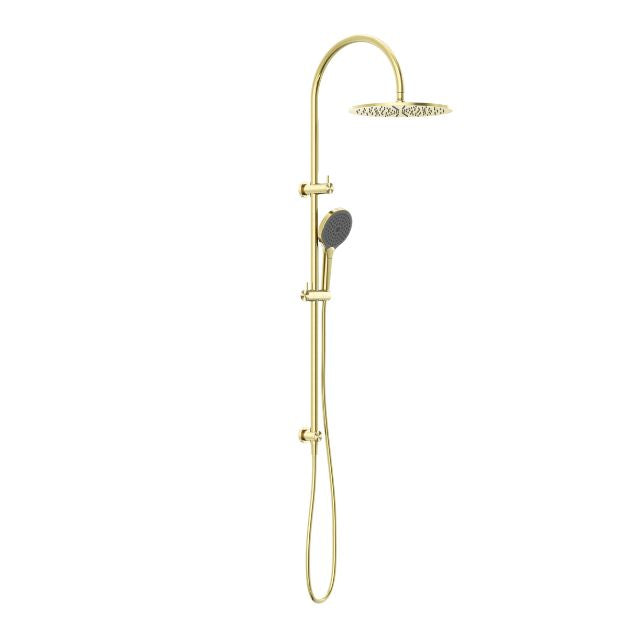 Nero Mecca twin shower in brushed gold with overhead rose and hand shower on a wall-mounted rail
