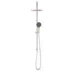 Nero Mecca twin shower in brushed nickel, with overhead round head, hand shower on rail and hose on white background