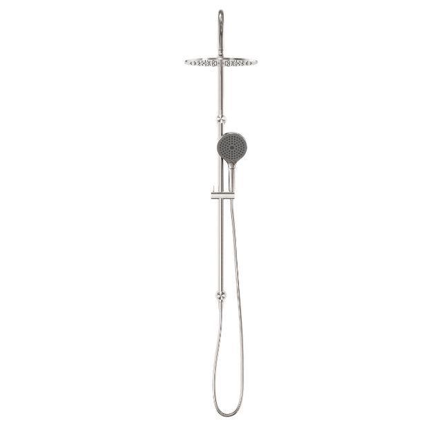 Nero Mecca twin shower in brushed nickel, with overhead round head, hand shower on rail and hose on white background