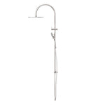 Nero Mecca twin shower in brushed nickel, with overhead rose and hand shower on rail, front view on white background