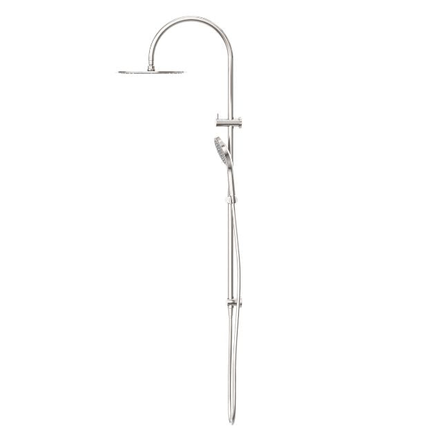 Nero Mecca twin shower in brushed nickel, with overhead rose and hand shower on rail, front view on white background