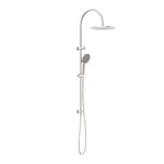 Nero Mecca twin rail shower in brushed nickel with overhead shower and hand shower on rail