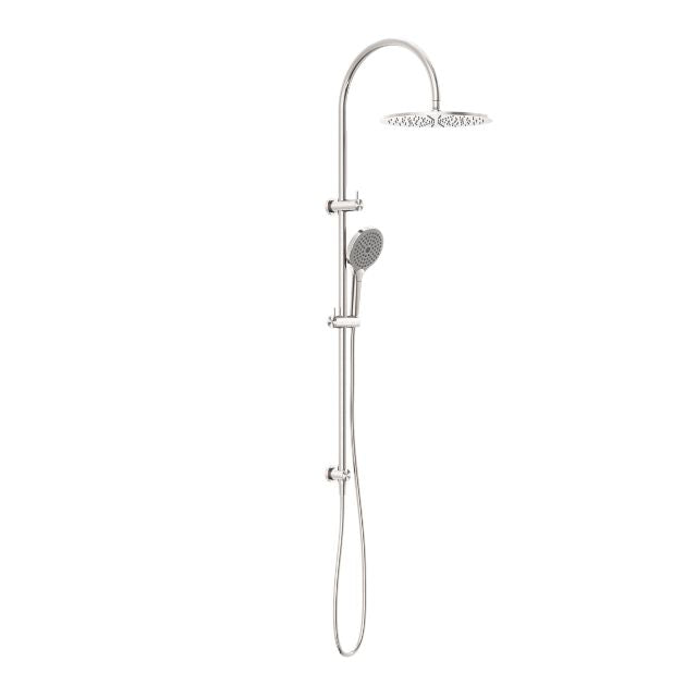 Nero Mecca twin rail shower in brushed nickel with overhead shower and hand shower on rail