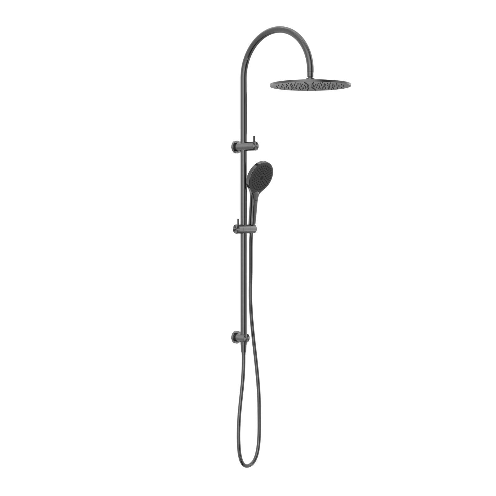 Nero Mecca gunmetal twin shower rail with round overhead drencher and hand shower on white background