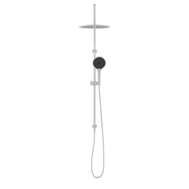 Nero Mecca twin rail shower in matte white, with overhead round shower head and hand shower on rail