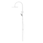 Nero Mecca twin rail shower in matte white, with overhead rose and hand shower on a wall-mounted rail.