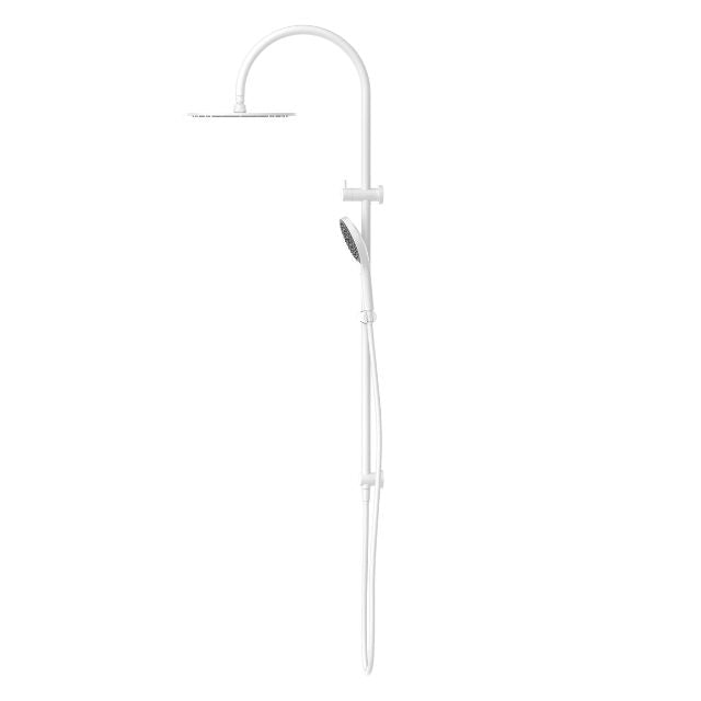 Nero Mecca twin rail shower in matte white, with overhead rose and hand shower on a wall-mounted rail.