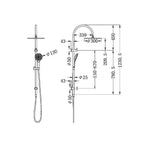 Technical drawing of Nero Mecca twin shower in matte white, showing wall-mounted rail, hand shower and overhead head with dimensions.