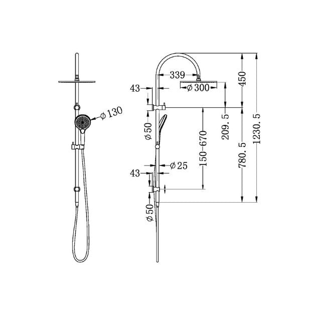 Technical drawing of Nero Mecca twin shower in matte white, showing wall-mounted rail, hand shower and overhead head with dimensions.