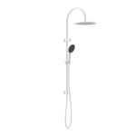 Nero Mecca twin rail shower in matte white, with overhead round head and handheld shower on rail
